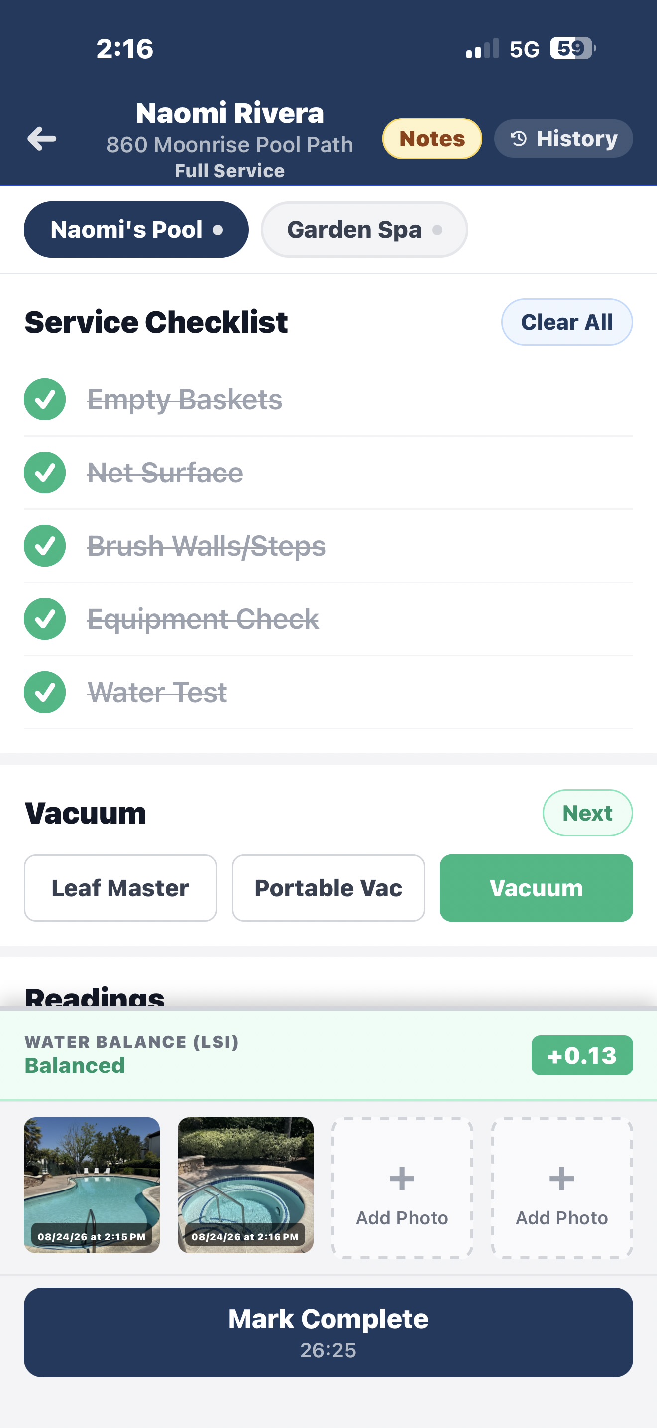 Pool service checklist and readings in the Poolnet app