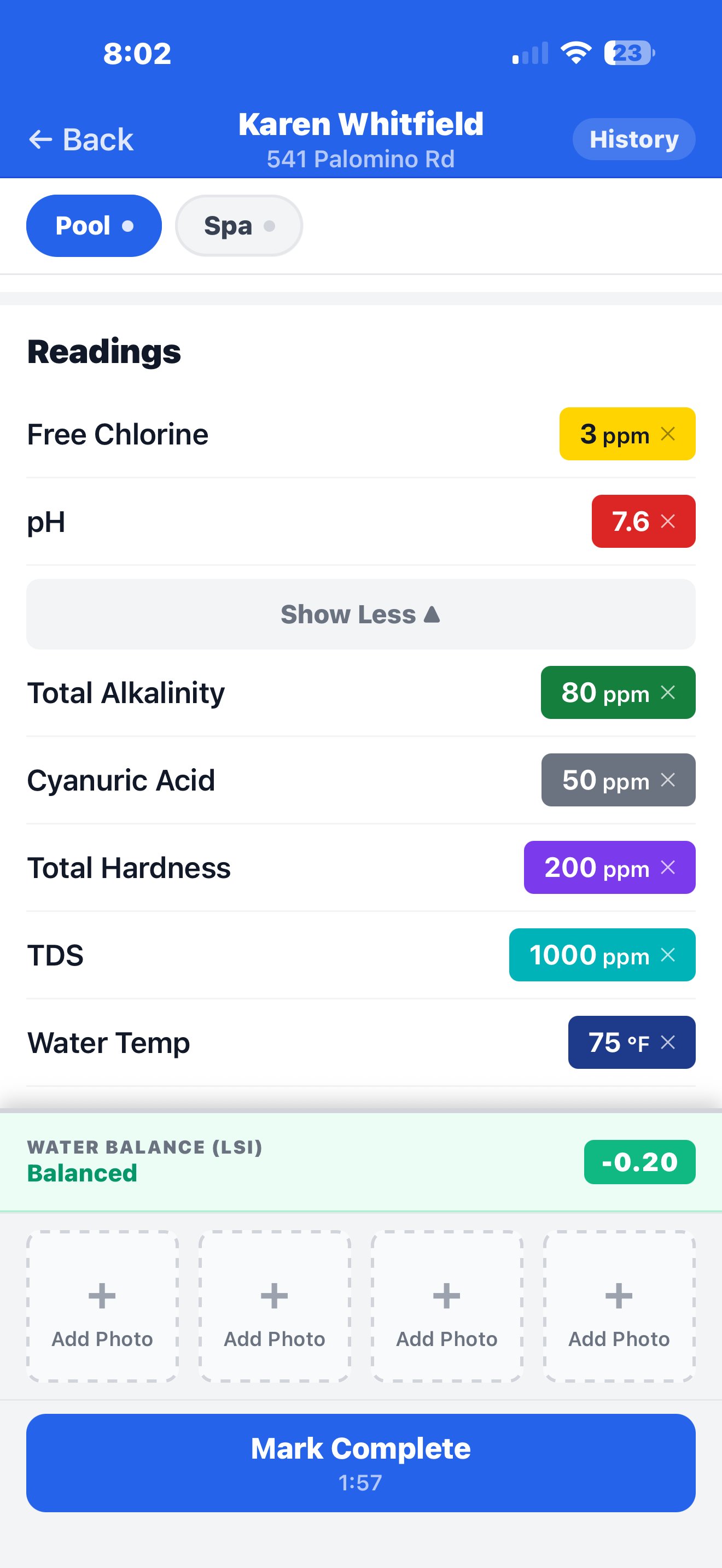 Route stop chemistry logging screen