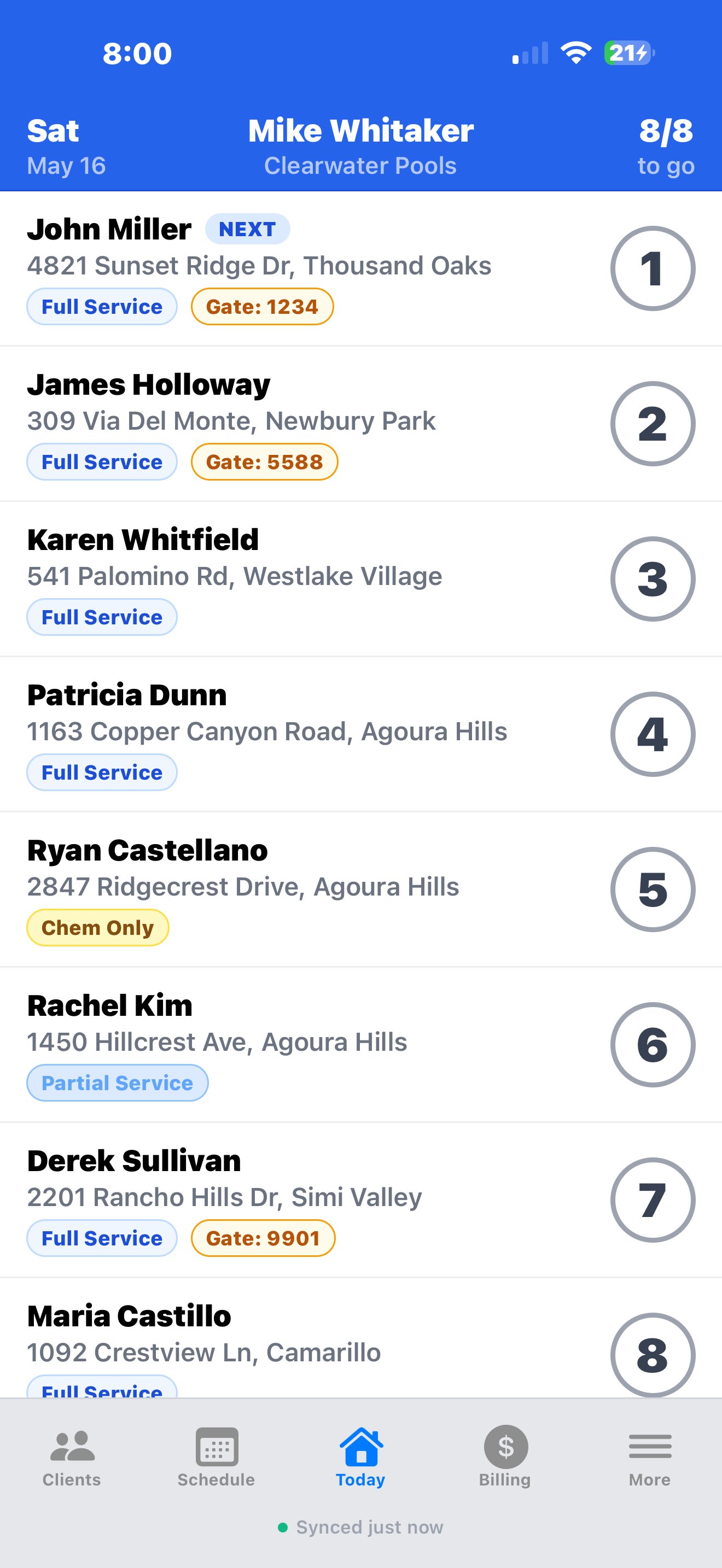 Today screen showing route stops